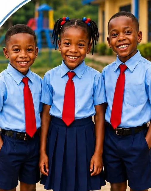 Three La Nudela pupils in the school's light blue shirt and red tie uniform